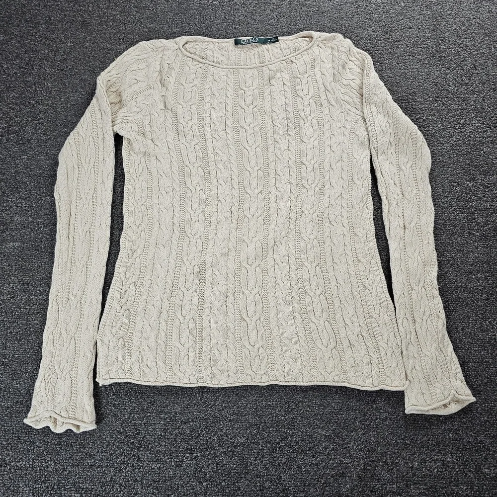 Ralph Lauren Cable Knit Sweater Womens Medium Oatmeal Scoop Neck Preppy Party‎